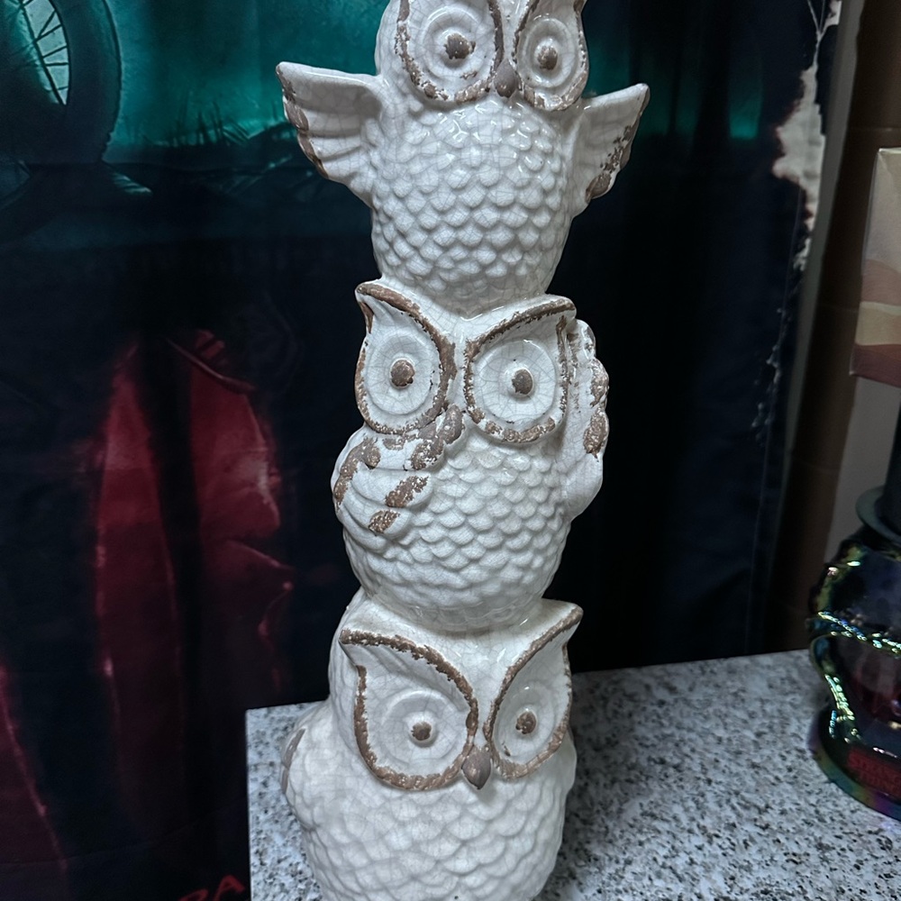 Ceramic Owl Trio Sculpture - Cream and Brown